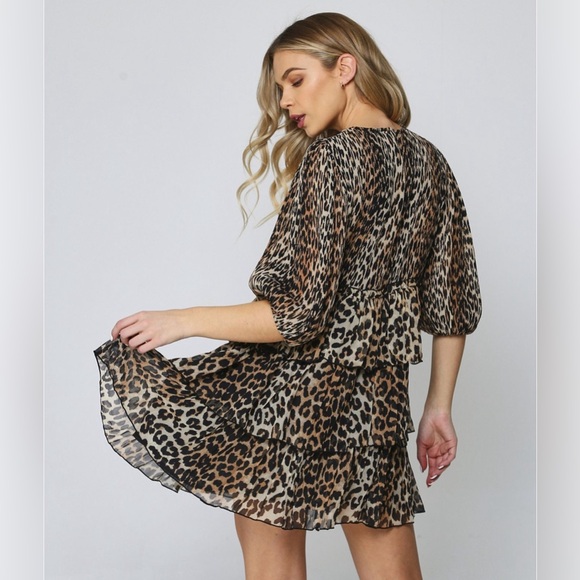 GANNI Pleated Leopard Print Georgette Mini Dress, Size M - Picture 3 of 16